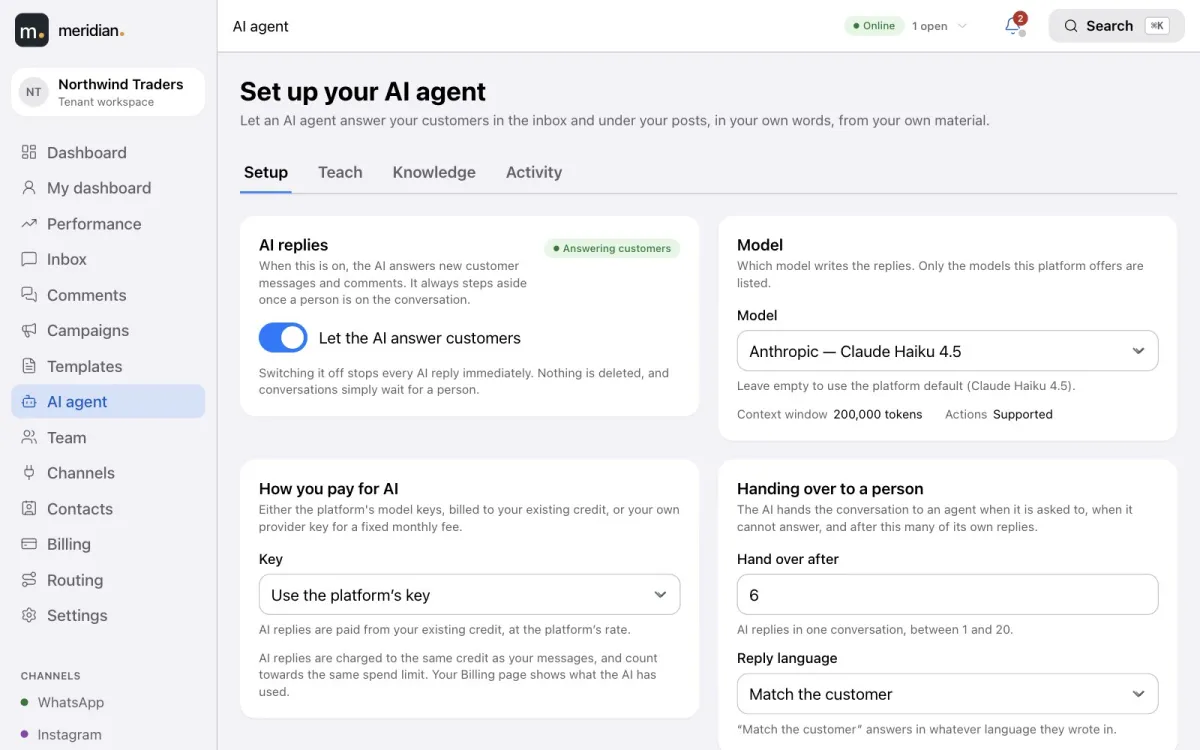 AI agent setup: the switch that lets the AI answer customers, the model, how you pay, and hand-over settings.