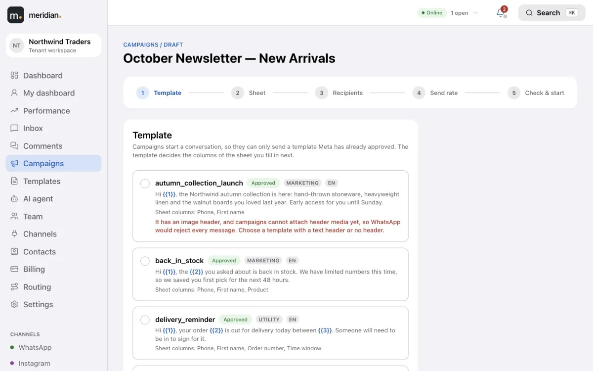 The first step of the campaign builder: approved templates with the sheet columns each one needs.