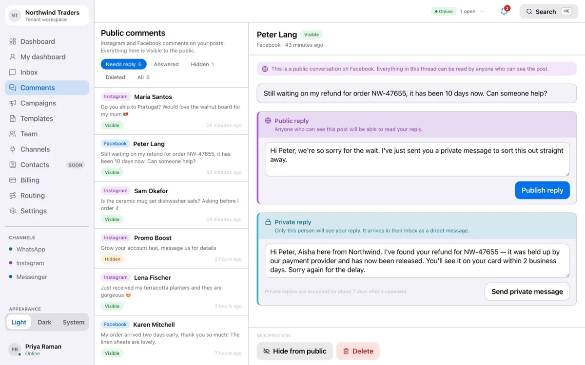 The comments queue with a Facebook comment selected and public and private replies.