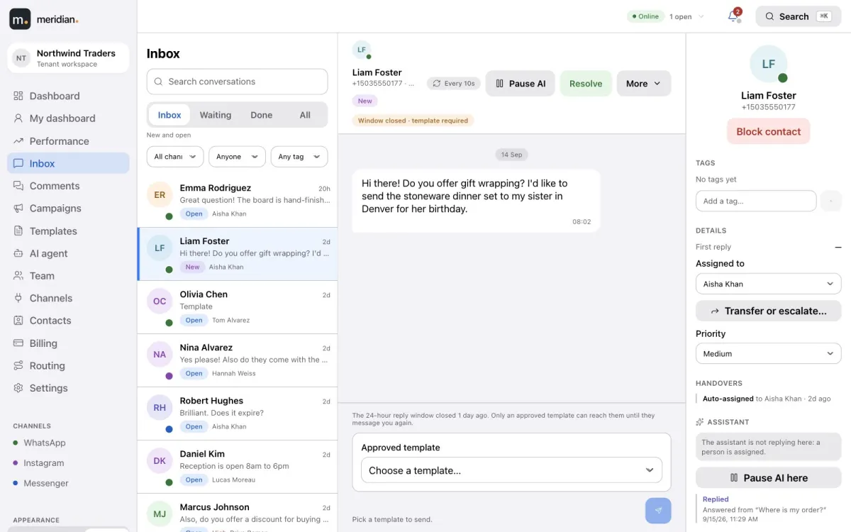 The composer after the 24-hour window has closed, offering only approved templates.