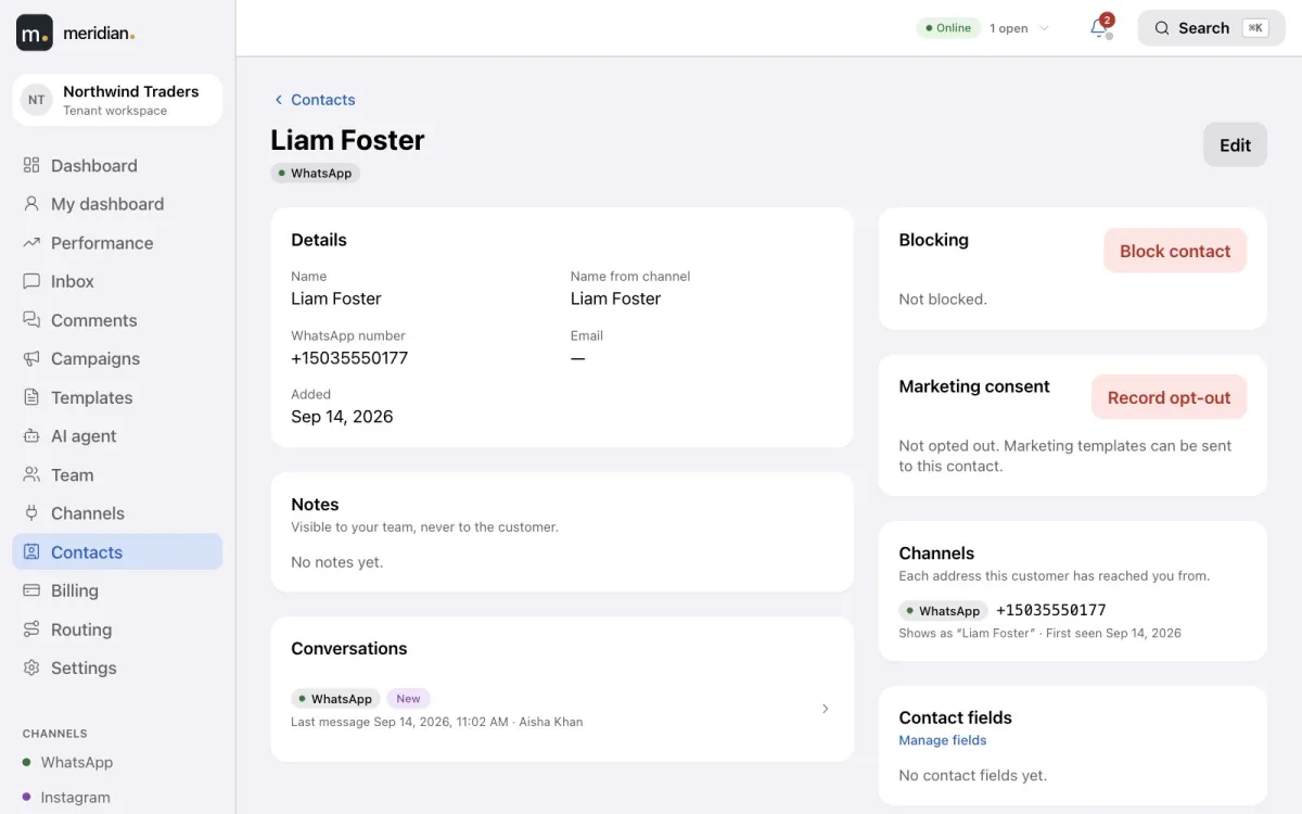 A contact profile with details, notes, conversations, blocking, marketing consent and channels.
