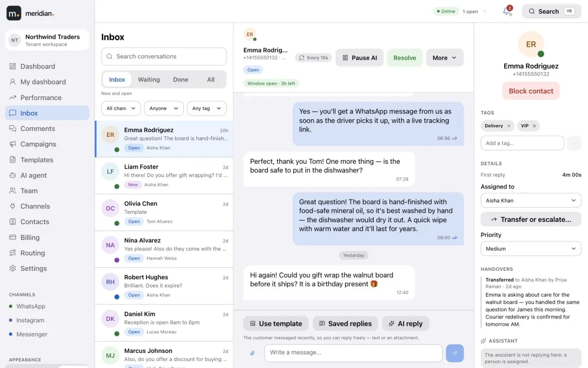 The Meridian inbox with WhatsApp, Instagram and Messenger conversations in one list and an open WhatsApp conversation with its ticket details.