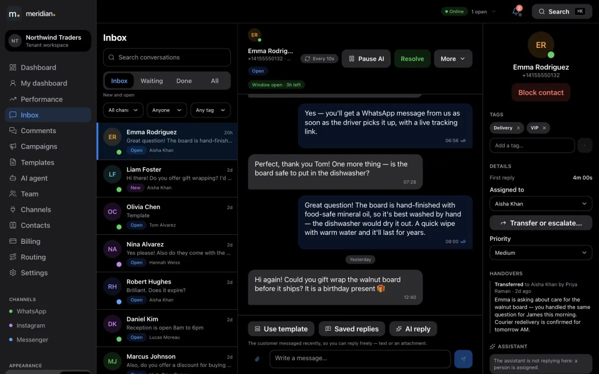 An open WhatsApp conversation in dark mode with tags, priority, assignment and hand-over history.