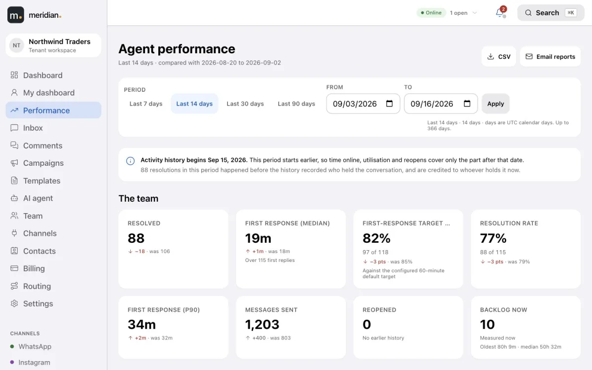 Team performance: conversations resolved, first response time, response target and resolution rate, compared with the previous period.