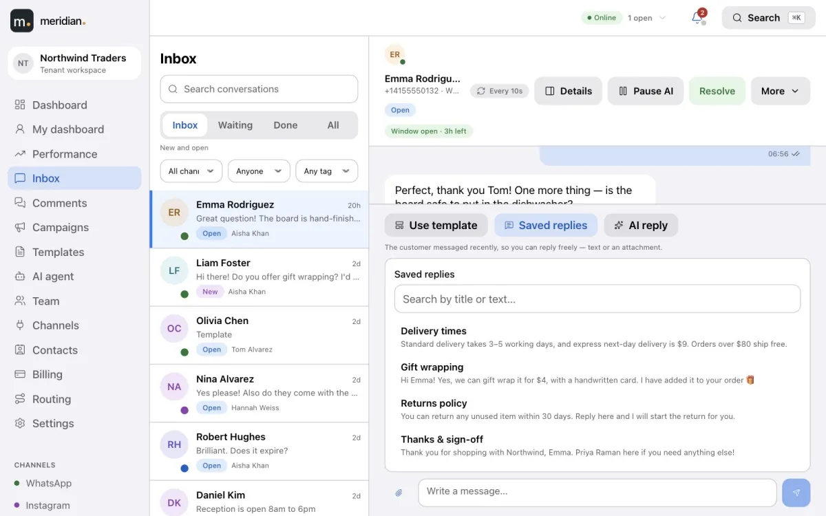 The saved replies picker in the composer with delivery times, gift wrapping, returns policy and sign-off snippets.