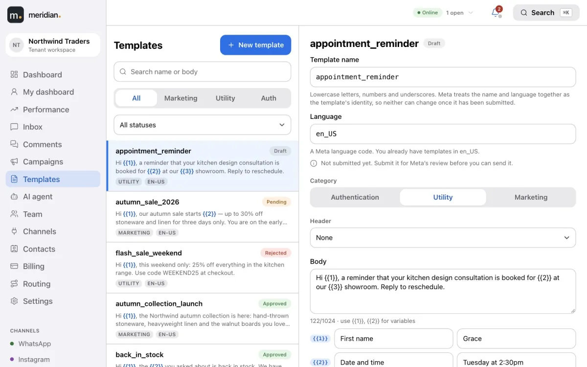 The template library with approved, pending and rejected WhatsApp templates next to the template editor.